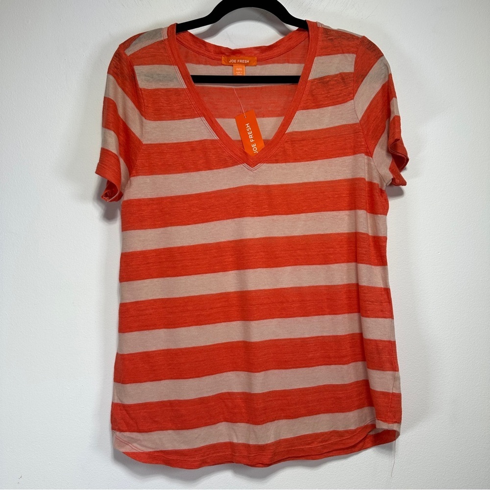 Joe Fresh Linen Cotton Striped V Neck T Shirt Orange Beige Lightweight Top
